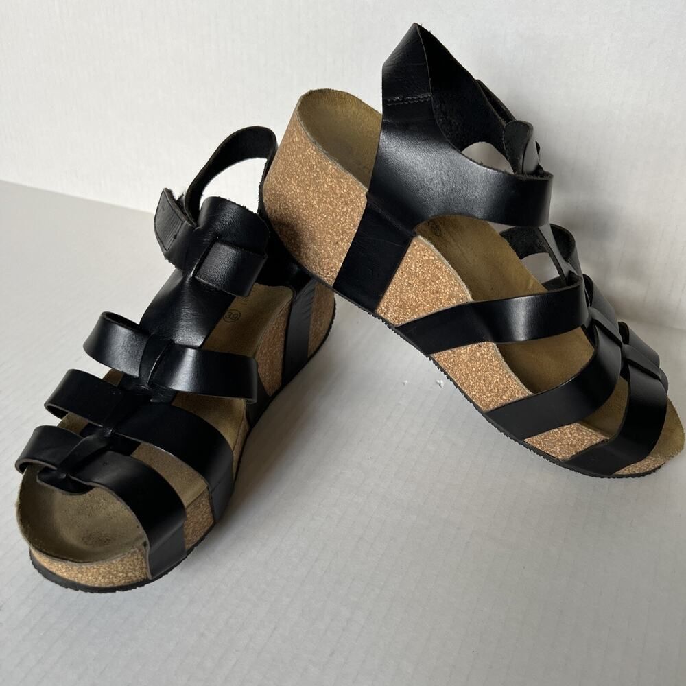 Eric Michael 39/9 Black Leather Strappy Sandal Cork Made In Portugal